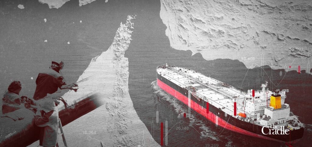 A graphic collage showing an oil tanker navigating a narrow sea passage alongside pipeline welders and map overlays, highlighting strategic energy transit and Hormuz pipeline alternatives.