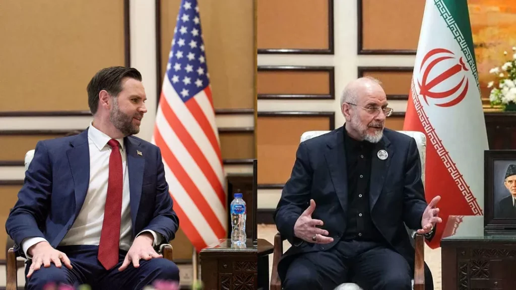A split-screen composition showing U.S. Vice President J.D. Vance in a dark suit and red tie seated next to an American flag on the left, and an Iranian official gesturing while speaking next to the national flag of Iran on the right, highlighting the political divide central to U.S.-Iran Diplomacy.