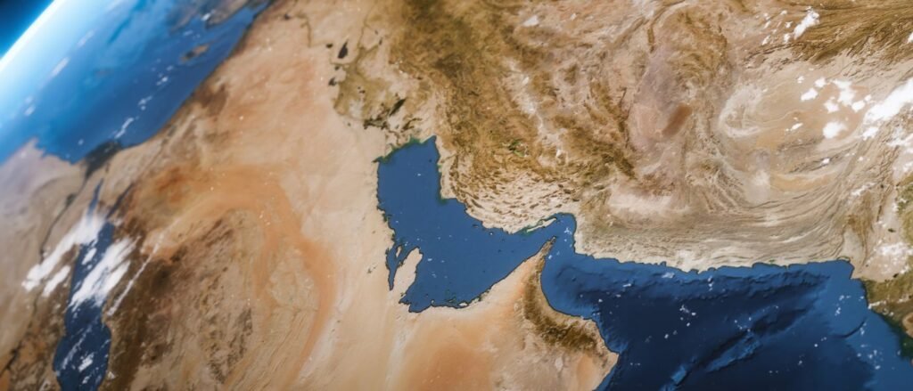 US-Iran Conflict: Why Fighting Continues While Both Sides Negotiate A satellite view of the Middle East centered on the Persian Gulf, the Strait of Hormuz, and surrounding landmasses of Iran and the Arabian Peninsula, highlighting a strategic region central to the US-Iran Conflict.