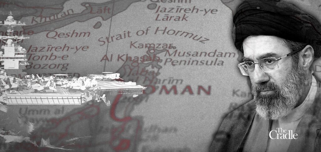 چگونه تنگه هرمز اتحاد ایران و عمان را مورد آزمایش قرار میدهد A digital collage featuring a map of the Strait of Hormuz, a naval ship, and a portrait of Mojtaba Khamenei, illustrating the complex geopolitical dynamics surrounding the Iran-Oman alliance.