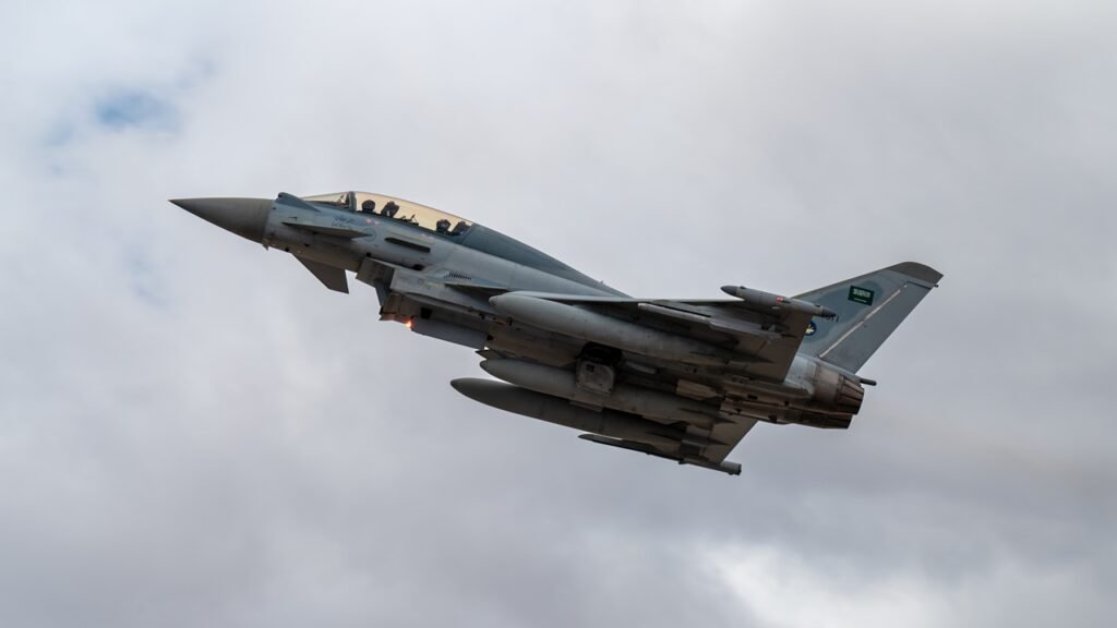Could Saudi Arabia Beat Iran in a Persian Gulf Air War? A Royal Saudi Air Force Eurofighter Typhoon fighter jet ascending sharply into a cloudy sky during military flight exercises, illustrating modern combat capabilities relevant to a Persian Gulf Air War