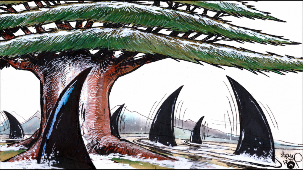 Lebanon-Israel framework agreement: Much worse than we expected An editorial political cartoon showing a large Lebanese cedar tree rooted on a shoreline, surrounded by menacing black shark fins circling in the breaking waves, symbolically representing the perceived dangers of the Lebanon-Israel framework.