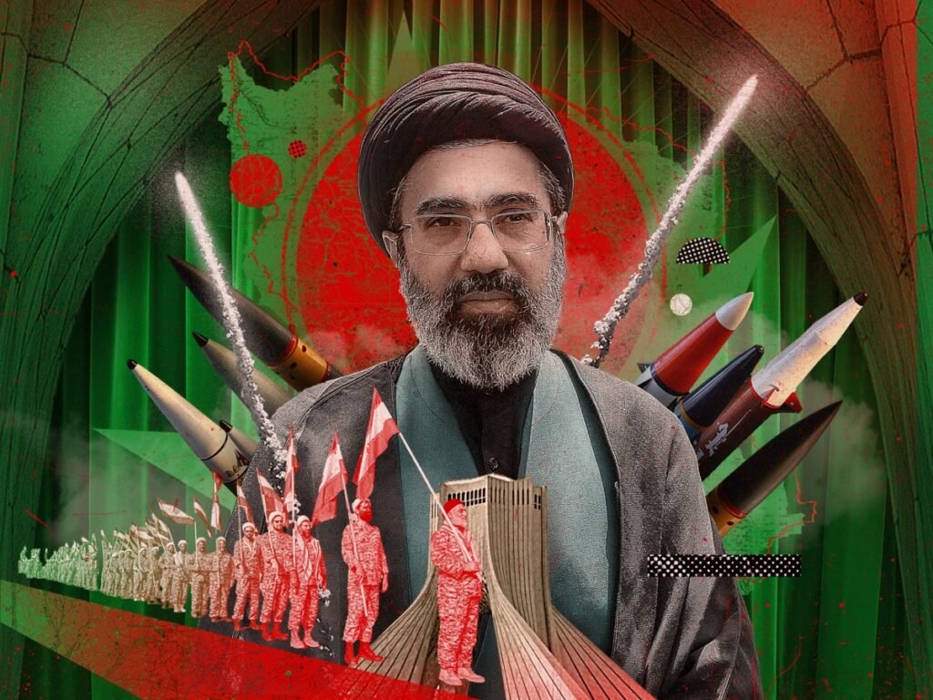 A digital collage featuring a central portrait of Mojtaba Khamenei in traditional clerical attire, surrounded by graphic elements including military missiles, soldiers marching with flags, and the Azadi Tower against a red and green backdrop, representing the future of the Islamic Republic.