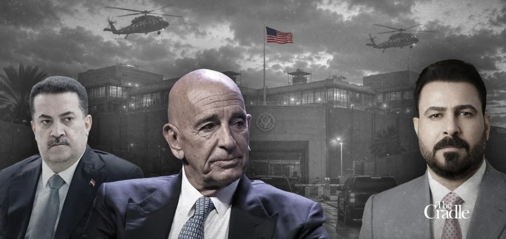 A composite graphic featuring Iraqi political figures Mohammed Shia' al-Sudani and Ali al-Zaidi alongside American businessman Tom Barrack superimposed over the U.S. Embassy in Baghdad with military helicopters overhead, reflecting foreign influence on Baghdad Politics.
