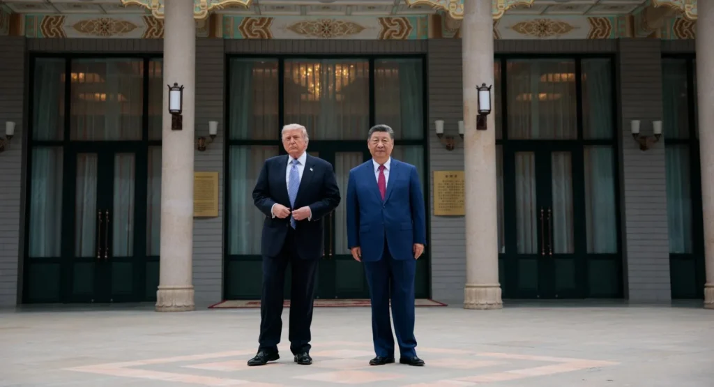 A Path Forward on AI Safety for the United States and China Donald Trump and Xi Jinping standing side by side in front of a diplomatic venue with traditional stone pillars, symbolizing U.S.-China bilateral dialogue on technology regulation and AI Safety.