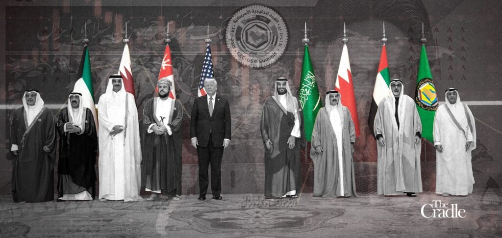 After the war: A cautious Gulf reset A digital photomontage displaying a lineup of Gulf Arab leaders in traditional attire alongside Donald Trump in a suit, standing in front of national flags and a central GCC-USA Summit emblem, capturing diplomatic dynamics of a Gulf reset.