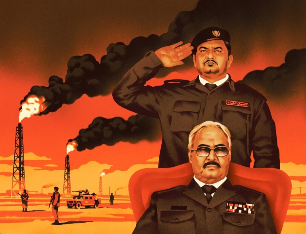 Saddam Haftar: Benghazi is the base but Tripoli is the prize An artistic illustration depicting a military commander in a dark uniform saluting next to an older man with glasses seated in a red chair, set against a background of burning oil flares and military personnel, capturing Libyan power dynamics relevant to the role of Saddam Haftar.