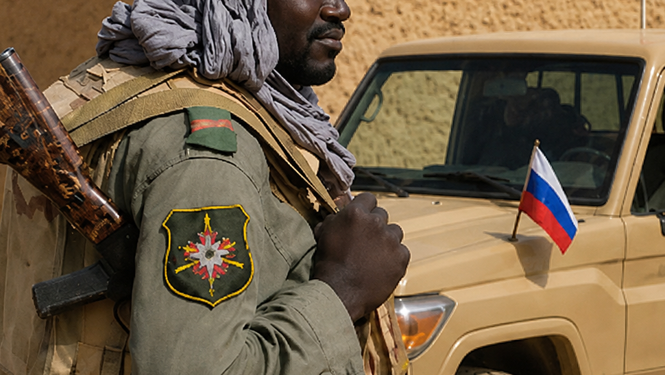 The Kremlin’s Long Game In Africa A close-up of a soldier in military uniform with a rifle strapped to his back standing next to a tan patrol vehicle flying a small Russian flag, conceptually representing Russia's Africa strategy.