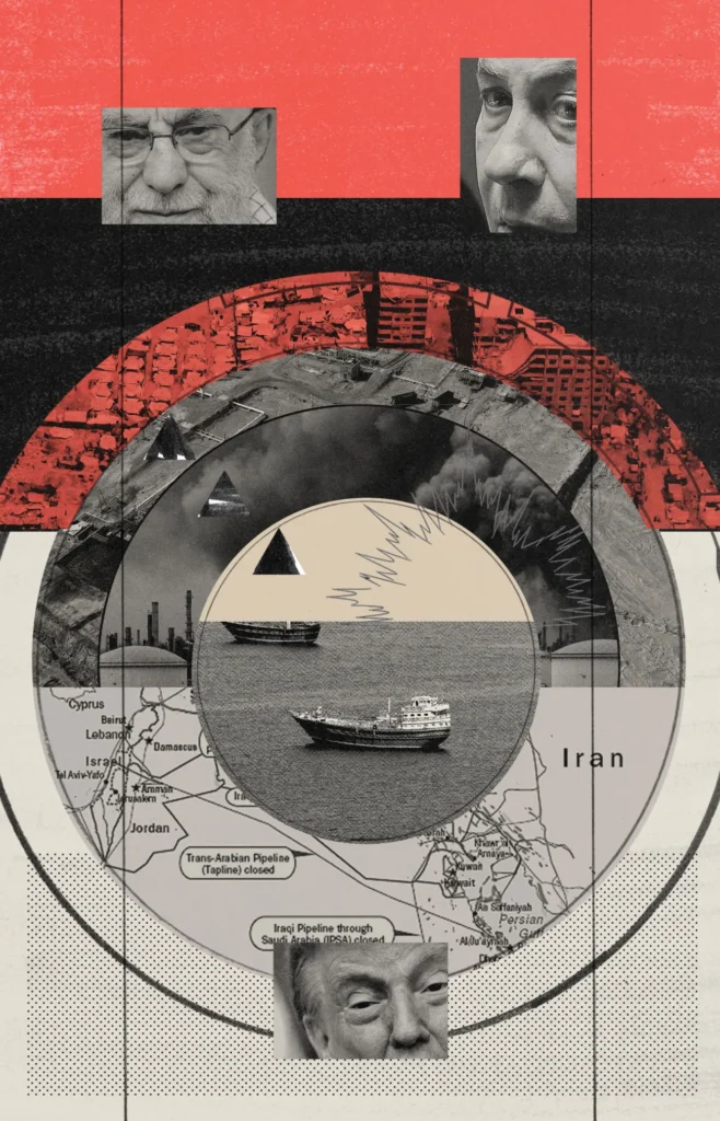 Middle East Stalemate Survives the 2026 War A graphic collage featuring portraits of regional leaders overlaid on a map of Middle Eastern energy routes and infrastructure, symbolizing tension surrounding the Middle East Stalemate.