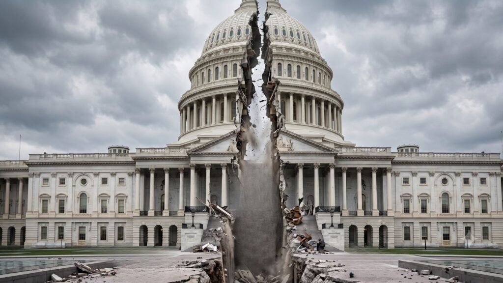 Democratic Support for Israel Is Entering a New Era A digital illustration of the US Capitol building fractured down the middle against a stormy sky, symbolizing political division and changing trends in Democratic Support for Israel.