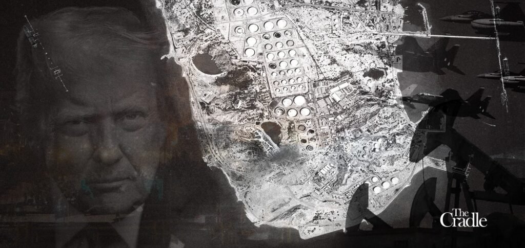 A graphic collage featuring a portrait of Donald Trump alongside aerial satellite imagery of energy infrastructure, fighter jets, and naval vessels, illustrating geopolitical strategies regarding US options against Iran.