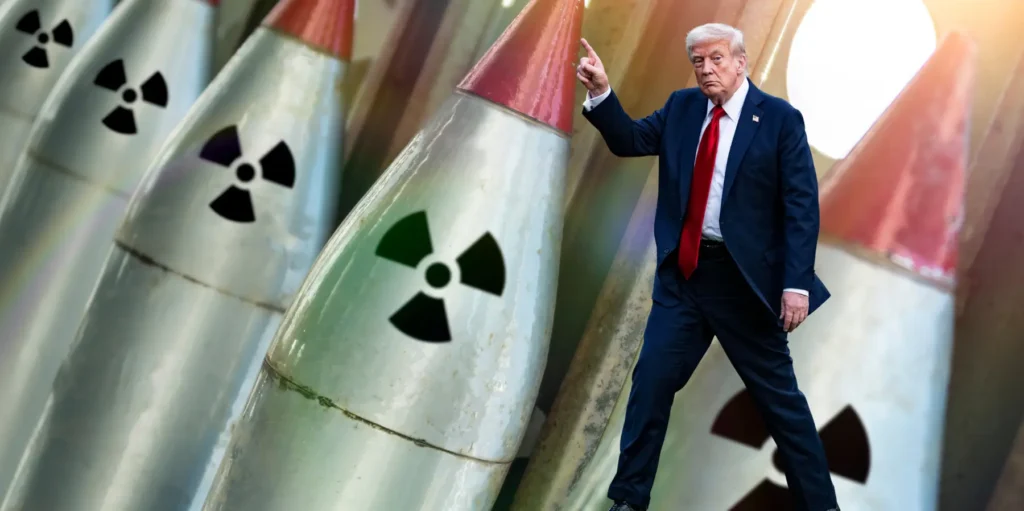 فشار هستهای نتوانست ایران را در منازعه تحت تأثیر قرار دهد A dramatic composite image showing US President Donald Trump in a navy suit and red tie standing among several large ballistic missiles marked with black radiation trefoil symbols, pointing his finger upward to emphasize a posture of military threat, symbolizing the strategic reliance on Nuclear Leverage that ultimately fails to compel Iran in the ongoing conflict.
