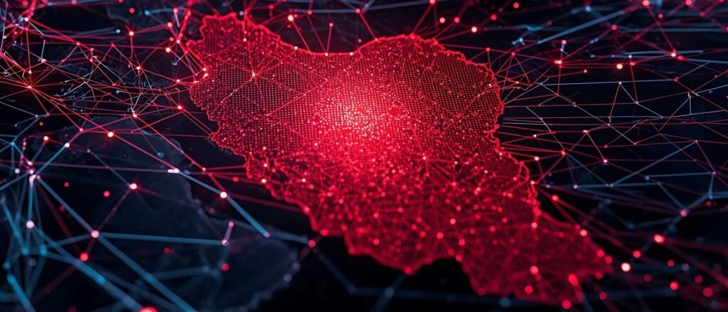 A glowing red digital map of Iran interconnected with complex data lines and network nodes, illustrating the expanding capabilities behind Iran cyber operations.
