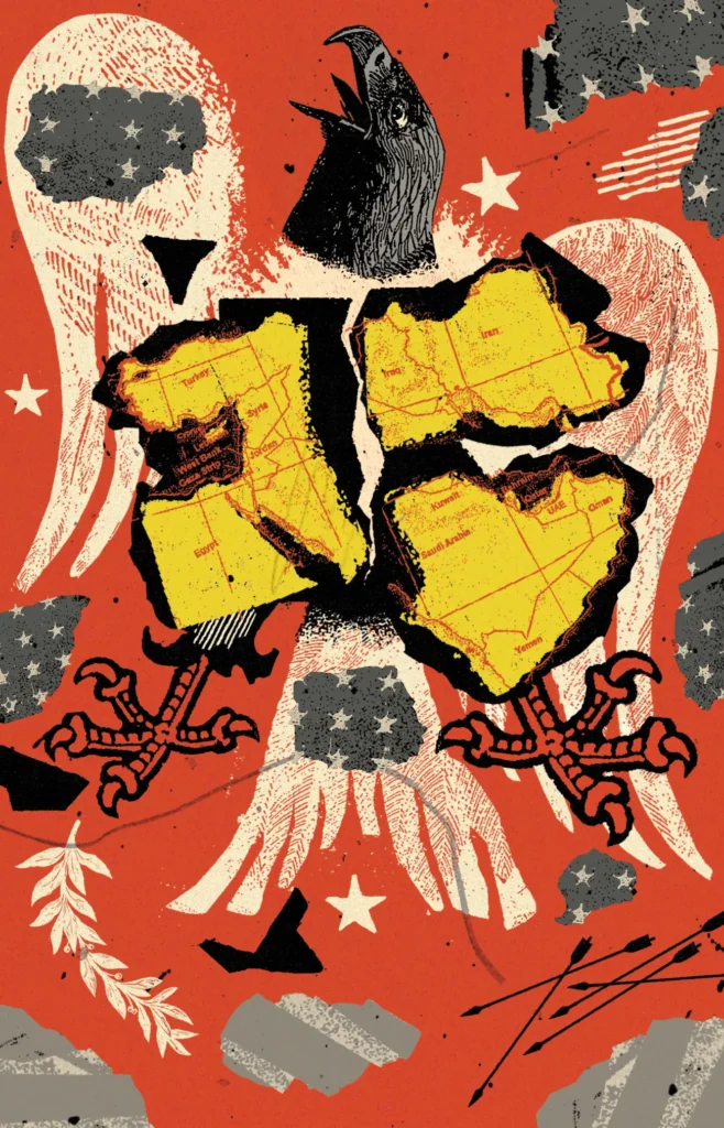A distressed graphic illustration featuring a stylized American eagle with a yellow map of the Middle East forming its fractured and shattered chest, tearing apart into separate regional blocks against a bold red background with stars and olive branch motifs, symbolizing the structural disintegration of the American Middle East as US security guarantees collapse and fail to maintain regional cohesion.