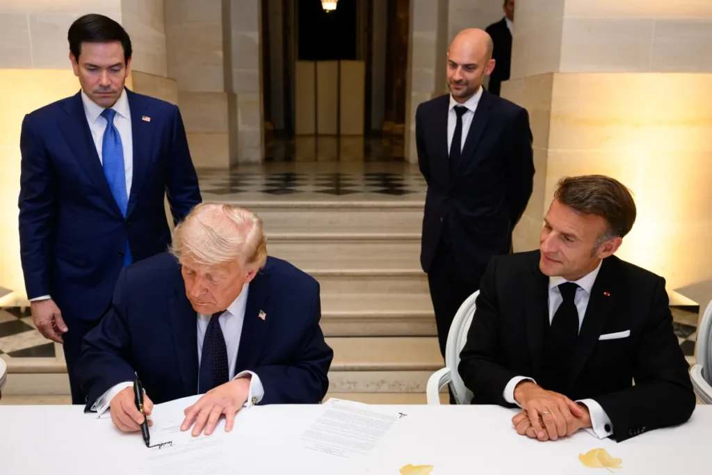U.S. President Donald Trump signs a diplomatic memorandum alongside French President Emmanuel Macron at the Palace of Versailles, a high-stakes scene whose subsequent breakdown directly impacts US credibility regarding Middle East peace initiatives.