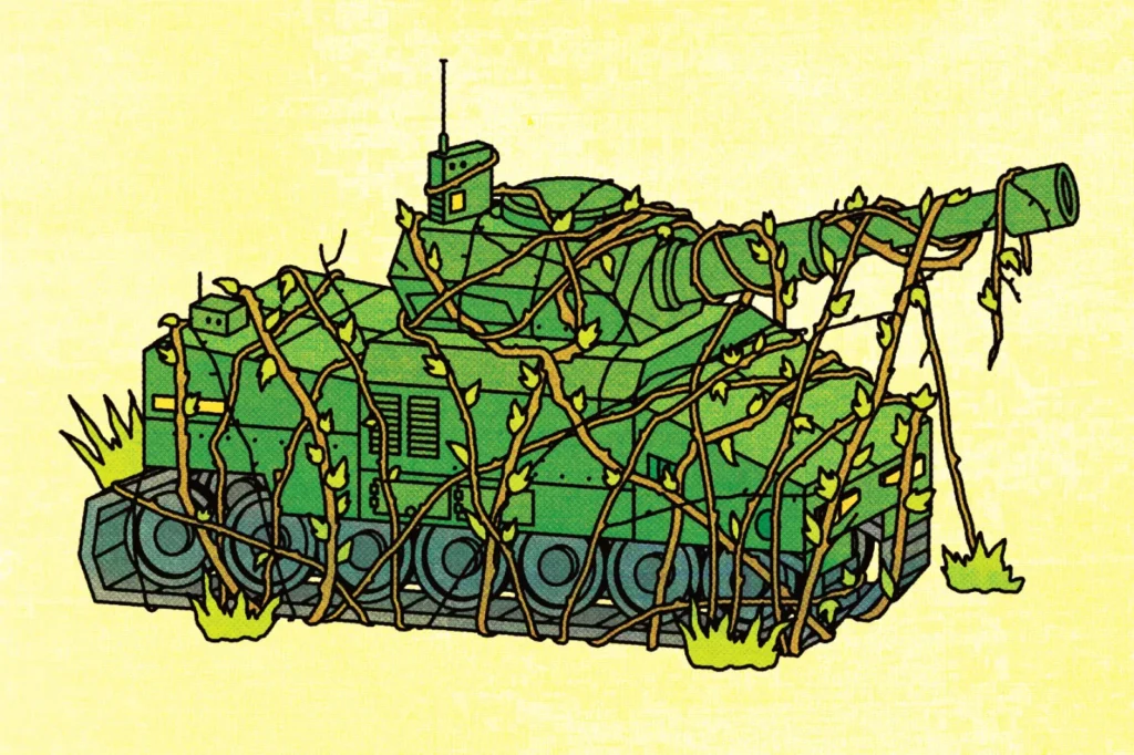 A stylized illustration of a green military tank on a pale yellow background, heavily overgrown with thick brown vines and roots wrapping around its treads, hull, and main gun barrel, symbolizing how bureaucratic stagnation and outdated processes in Pentagon Procurement threaten to cripple the nation's military edge and modernization efforts.