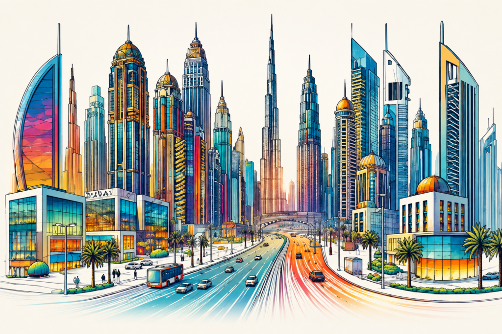 UAE Foreign Investment Fueled by Global Confidence A vibrant, stylized illustration of a modern futuristic skyline with towering skyscrapers, bustling highways, and palm trees, highlighting the economic vitality driving UAE Foreign Investment.