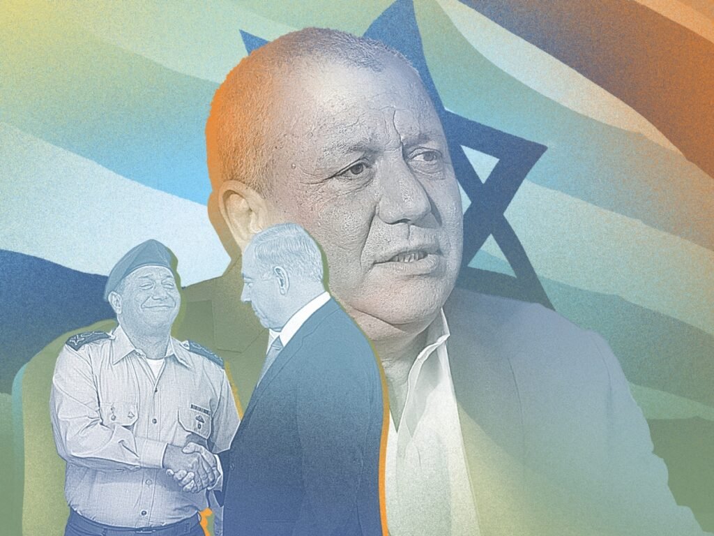 A composite political illustration featuring a large, dominant portrait of Israeli Prime Minister Benjamin Netanyahu set against a stylized Star of David background, with a smaller grayscale image of former military chief Gadi Eisenkot smiling and shaking hands with a political rival, visually symbolizing the mounting political challenge and threat that Eisenkot poses to Netanyahu's grip on power.
