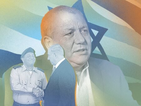 A composite political illustration featuring a large, dominant portrait of Israeli Prime Minister Benjamin Netanyahu set against a stylized Star of David background, with a smaller grayscale image of former military chief Gadi Eisenkot smiling and shaking hands with a political rival, visually symbolizing the mounting political challenge and threat that Eisenkot poses to Netanyahu's grip on power.