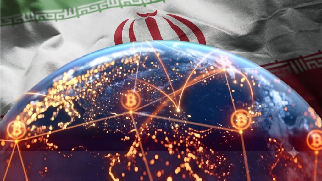 A composite digital graphic showing a textured Iranian flag as the backdrop, with a large, glowing globe of Earth in the foreground. The globe is traversed by luminous orange network lines connecting glowing Bitcoin symbols, visually mapping the transnational digital infrastructure of Iran's Crypto Network as it interfaces with the illicit gold pipeline operations linked to Venezuela.