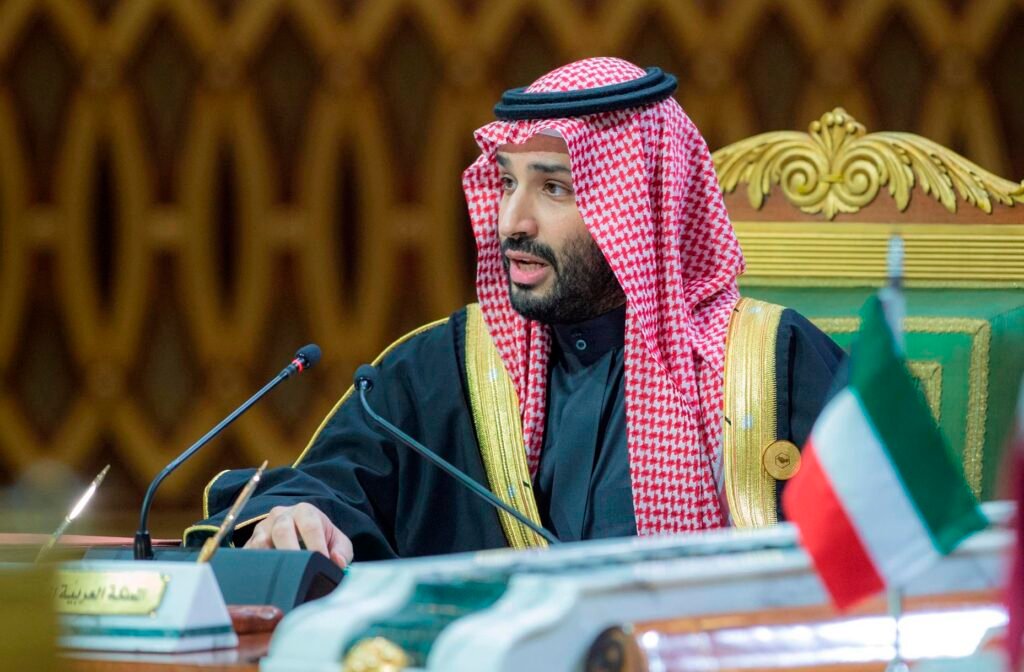 Saudi Crown Prince Mohammed bin Salman speaking at a conference, representing regional defense dynamics linked to the historic Saudi F-35 deal.