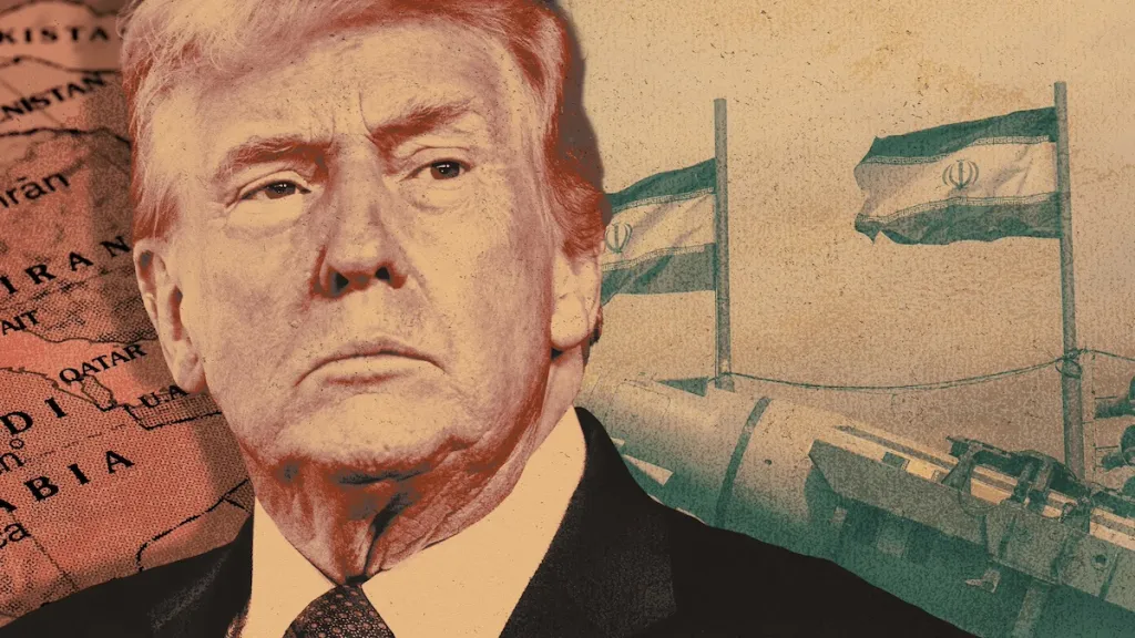 جنگ ایران ۲۰۲۶، ناکامی دیپلماتیک ترامپ را آشکار میکند Donald Trump pictured against a backdrop of an Iranian map and flying flags, highlighting the missed diplomatic exit during the high-stakes Iran War 2026.