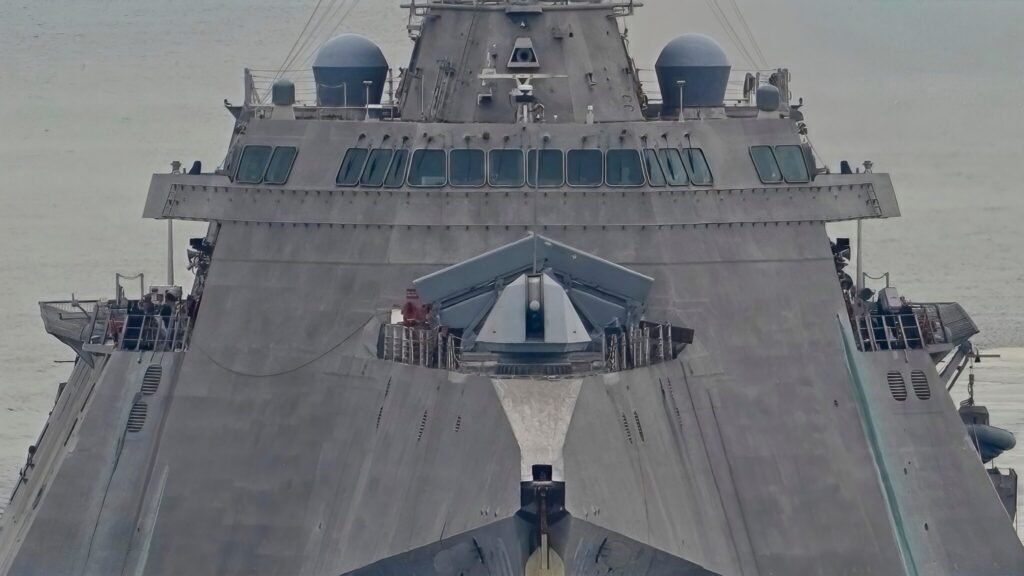 Frontal view of the USS Cincinnati littoral combat ship superstructure, demonstrating the modern surface fleet design driving US Navy Sea Power.