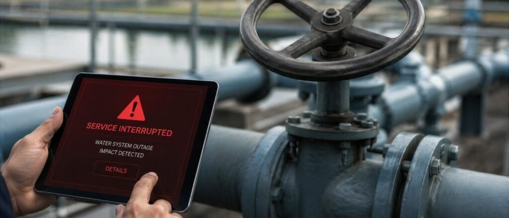 Iranian Cyberattacks Exploit Weak US Water Defenses A close-up of hands holding a tablet displaying a red warning screen with a triangle alert icon reading "SERVICE INTERRUPTED" and "WATER SYSTEM OUTAGE", set against a blurred background of heavy industrial pipes and a large metal valve wheel, visually illustrating how Iranian Cyberattacks target and exploit the weak digital defenses of US water utilities to disrupt critical infrastructure.