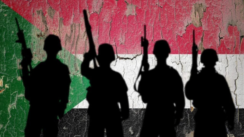 What New US Sanctions Mean for the Sudan Civil War Silhouettes of armed soldiers holding rifles against a weathered Sudanese flag, illustrating the impact of new US sanctions on the ongoing Sudan Civil War.