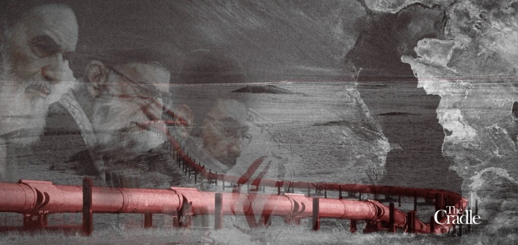 A red energy pipeline running across a map landscape overlaid with portraits of political leaders, illustrating the geopolitical implications of the Caspian Sea convention for Iran.
