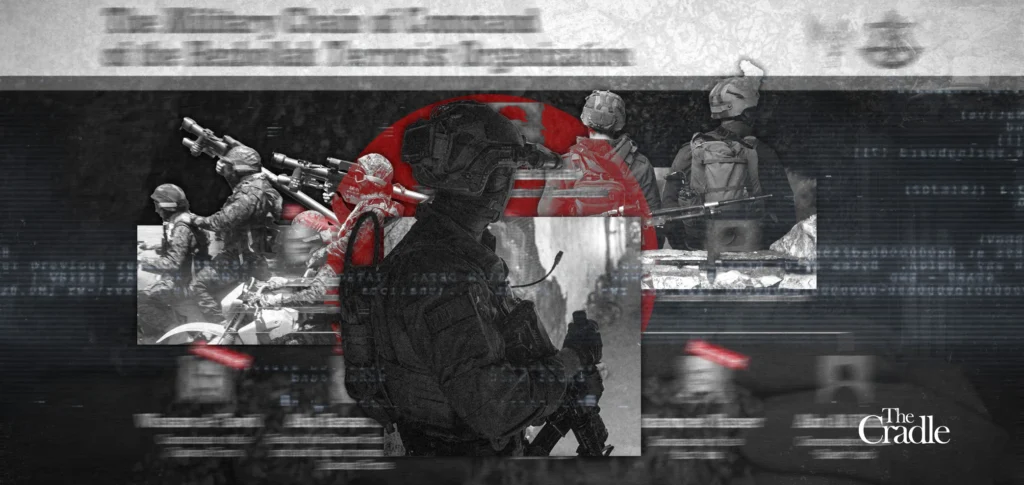 شبكات التجسس الإسرائيلية تقوض حركات المقاومة A dark, layered graphic collage featuring silhouetted soldiers in tactical gear and helmets against a red "eye" target symbol and a backdrop of blurred digital code and redacted text, representing the covert electronic surveillance and military operations of Israeli Spy Networks that allegedly work to undermine and infiltrate regional resistance movements.