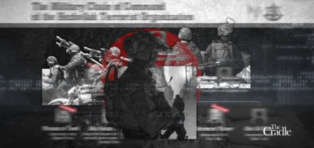 A dark, layered graphic collage featuring silhouetted soldiers in tactical gear and helmets against a red "eye" target symbol and a backdrop of blurred digital code and redacted text, representing the covert electronic surveillance and military operations of Israeli Spy Networks that allegedly work to undermine and infiltrate regional resistance movements.