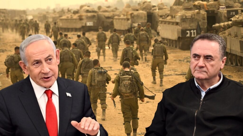 A composite photo placing Israeli Prime Minister Benjamin Netanyahu and a senior security official in the foreground against a hazy, dusty military backdrop of heavily equipped IDF soldiers marching alongside Merkava tanks, visually embodying the entrenched militarized framework of the Israel Security Doctrine that critics argue is now jeopardizing the nation's long-term survival.