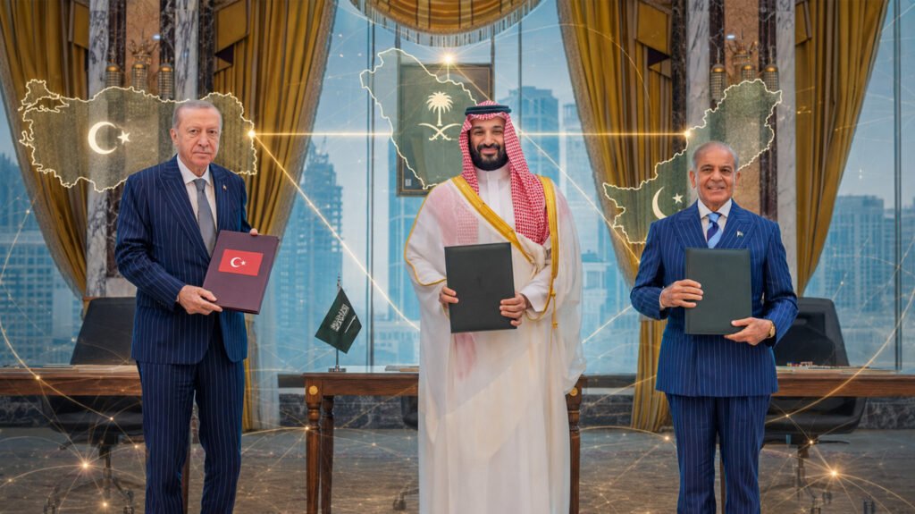 توافق دفاعی سهجانبه، تغییر در امنیت منطقهای را به همراه دارد A composite digital graphic showing Turkish President Recep Tayyip Erdoğan, Saudi Crown Prince Mohammed bin Salman, and Pakistani Prime Minister Shehbaz Sharif standing together in formal attire holding official documents, with glowing golden outlines of their respective national maps hovering behind them and connected by a luminous network web, visually representing the strategic defense and intelligence-sharing cooperation driving the Trilateral Defence Agreement and the consequent regional security shift.