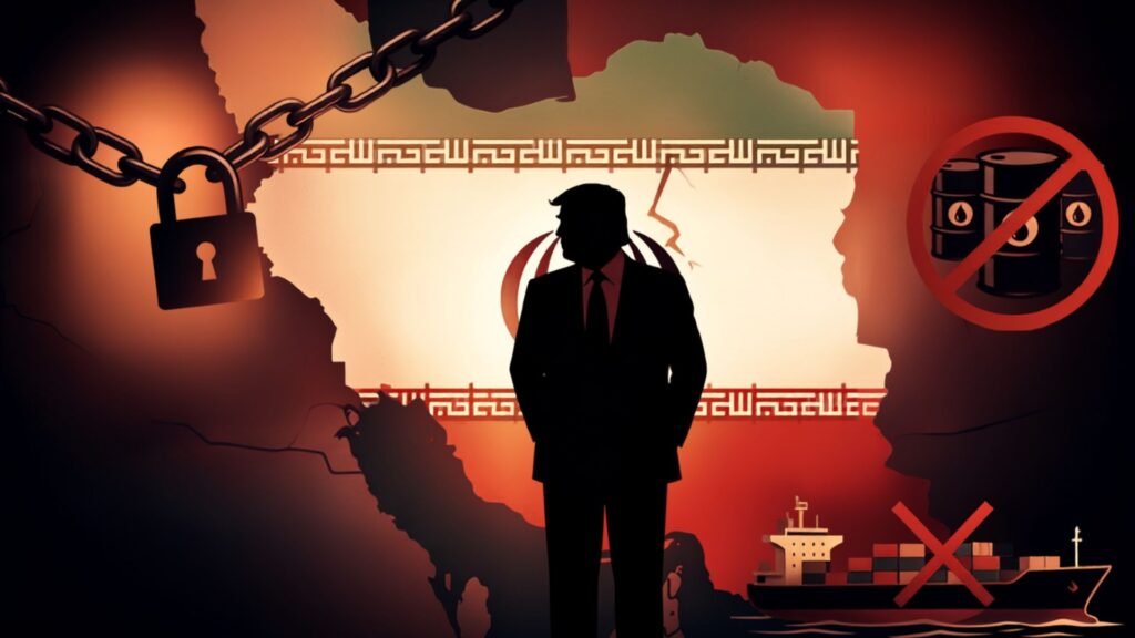 A dramatic illustrative graphic showing a dark silhouette of a man in a suit standing before a shattered, glowing Iranian flag and map, flanked by symbols of economic siege including a hanging padlock and chain on the left, a red prohibition sign over oil barrels on the right, and an X-marked cargo ship, visually representing the comprehensive sanctions campaign that deepens Iran Isolation through Operation Economic Outcast.