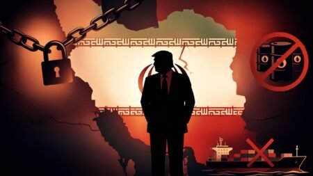 A dramatic illustrative graphic showing a dark silhouette of a man in a suit standing before a shattered, glowing Iranian flag and map, flanked by symbols of economic siege including a hanging padlock and chain on the left, a red prohibition sign over oil barrels on the right, and an X-marked cargo ship, visually representing the comprehensive sanctions campaign that deepens Iran Isolation through Operation Economic Outcast.