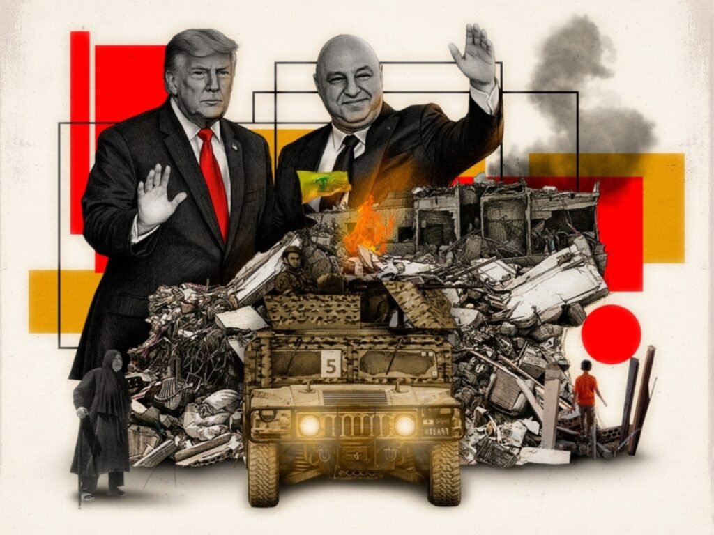Collage illustration featuring former US President Donald Trump and an associated political leader waving a Lebanese flag, positioned above a scene of wartime devastation that includes a burning armored vehicle, piles of rubble, a woman in black, and a child in red. This composite visual serves as a geopolitical metaphor for the harsh military fallout and humanitarian consequences that directly stem from the Israel strategy in Lebanon, highlighting how this aggressive approach ultimately alienates vital Shiite support within the region.