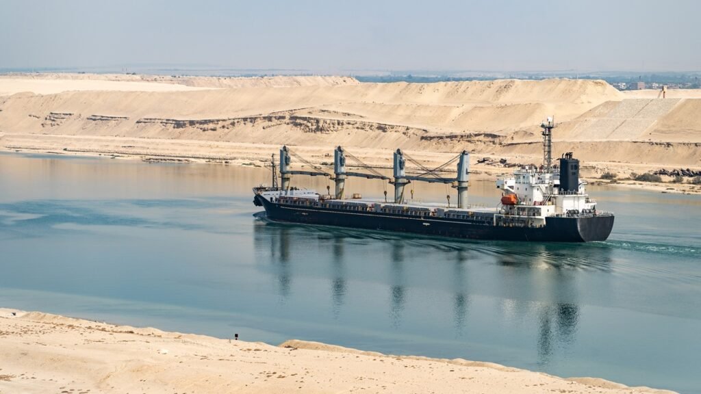 أمن قناة السويس يواجه تهديدات كبيرة من ضربات الطائرات المسيرة A large freighter ship navigating the narrow waterway flanked by desert banks, illustrating the vulnerabilities affecting Suez Canal security amid growing drone strike threats.