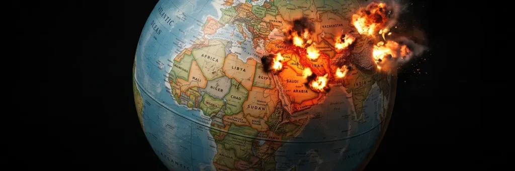 Middle East Sovereignty Collapse After U.S.-Iran War A physical globe showing fiery explosions superimposed over the Middle East region, symbolizing regional conflict and the erosion of Middle East Sovereignty.
