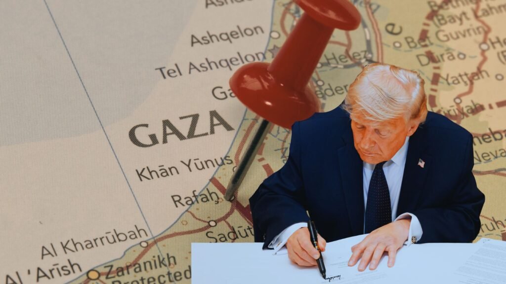 Hamas Disarmament Agreement Obstacles and Double Game Composite image of former President Donald Trump signing a document, layered over a Gaza map with a large red pushpin, illustrating the complex diplomatic hurdles and geopolitical double-game surrounding a proposed Hamas Disarmament Agreement.