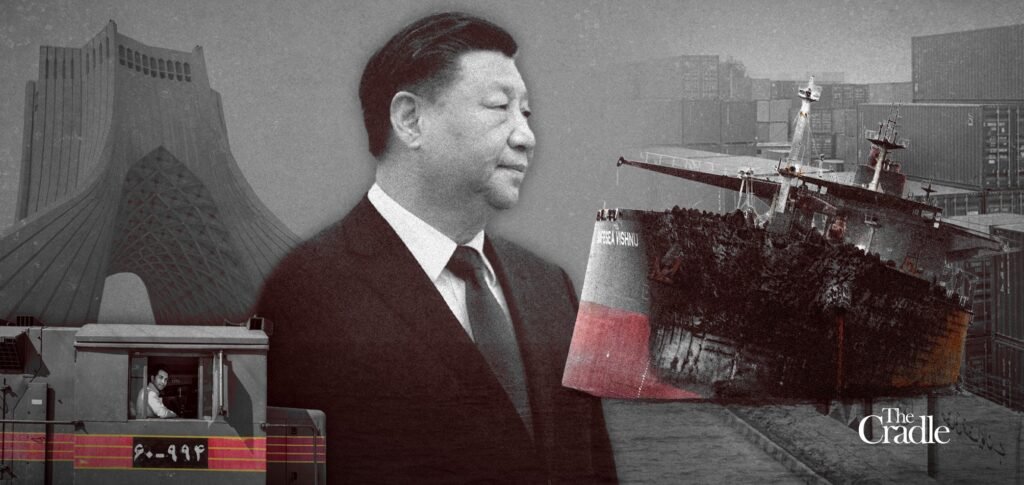 Iran Rail Corridors Break US Maritime Blockade A graphic collage featuring Chinese President Xi Jinping, an Iranian train locomotive, and Tehran's Azadi Tower, highlighting overland trade alternatives developed through Iran Rail Corridors.