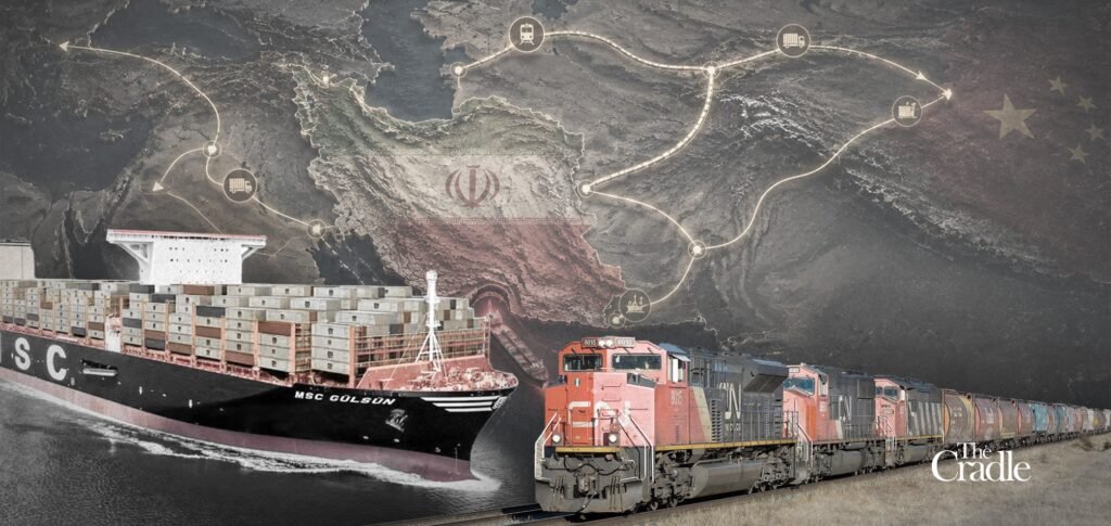 A composite graphic showing a massive container ship on the left and a long freight train on the right, placed over a textured map of Iran with glowing overland routing lines and transportation icons, visually illustrating the strategic pivot toward Iran trade routes that bypass the Strait of Hormuz to alleviate severe economic strain.