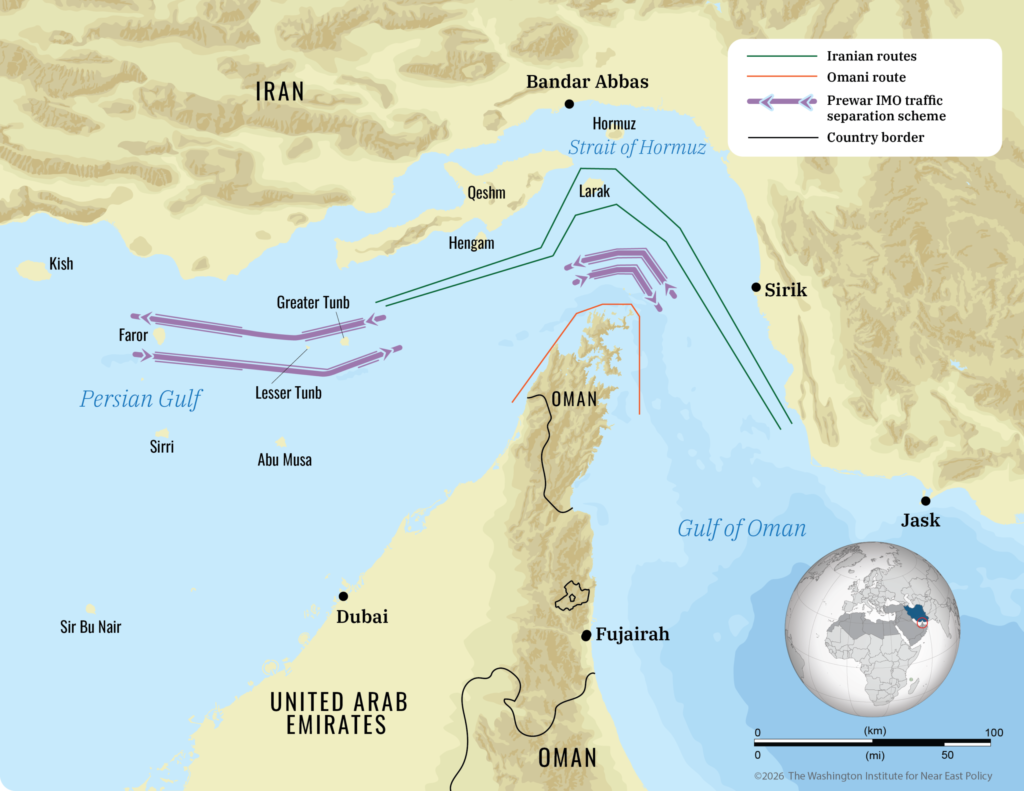Map showing Iranian and Omani shipping routes through the Strait of Hormuz, illustrating the Iran Strait of Hormuz strategy.