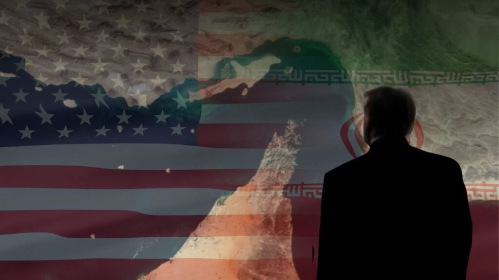 A dramatic composite graphic showing the silhouette of a man in a dark suit standing in front of a blended background of the American and Iranian flags, with a winding, distorted map of the Strait of Hormuz superimposed across them, visually illustrating the geopolitical entrapment and escalating military tensions surrounding the Crisis in Hormuz that threatens to trap both the Trump administration and Israel in a widening regional conflict.