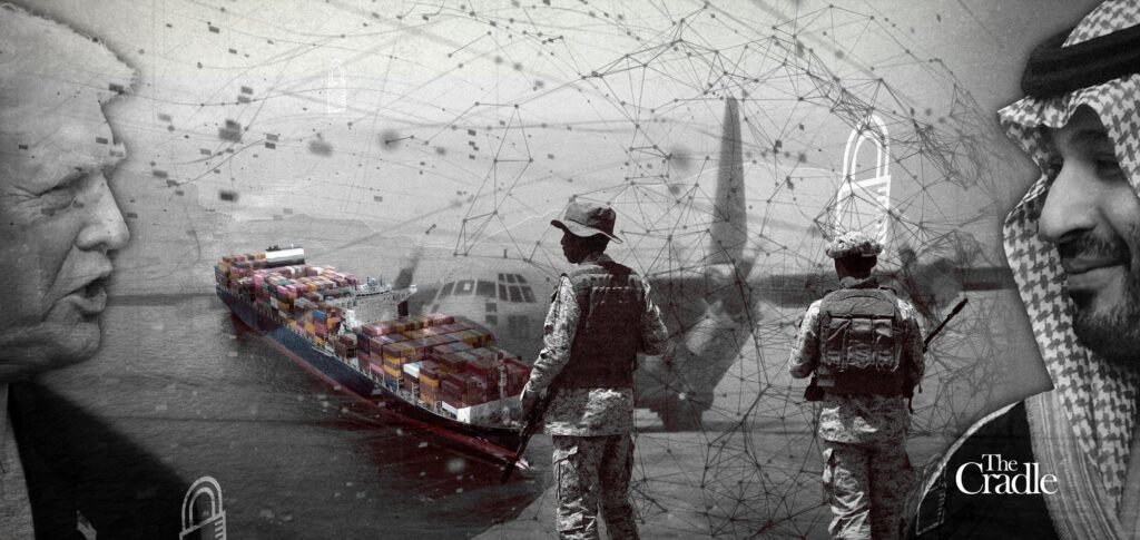 السياسة الخارجية السعودية تتحول إلى القوة مع تراجع السيطرة الإقليمية Composite artwork featuring Donald Trump, Saudi Crown Prince Mohammed bin Salman, armed soldiers, and a cargo ship, illustrating strategic shifts in Saudi foreign policy.