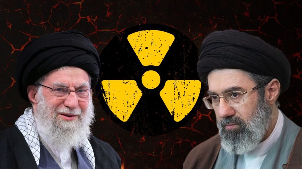 انقسام عميق في طهران بعد تفجير نووي إيراني Graphic illustration featuring Iranian Supreme Leader Ali Khamenei and his son Mojtaba Khamenei flanking a yellow radioactive symbol, depicting political divisions over an Iran Nuclear Breakout.