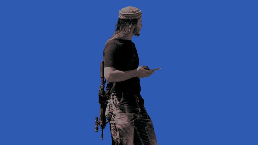 Graphic illustration of an armed Israeli settler holding a smartphone with an assault rifle slung over his back, depicting the militarized realities behind West Bank Settler Expansion.