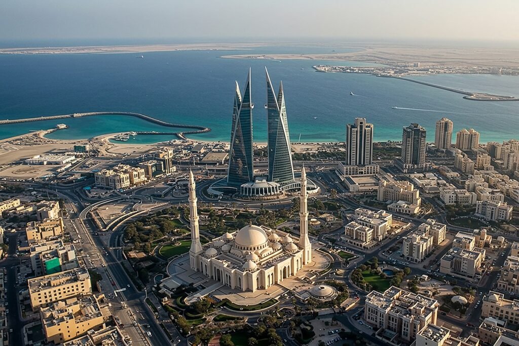 An aerial view of the Manama skyline in Bahrain featuring a grand mosque in the foreground and the iconic Bahrain World Trade Center towers, capturing the modern halal tourism infrastructure driving the Muslim Travel Market.