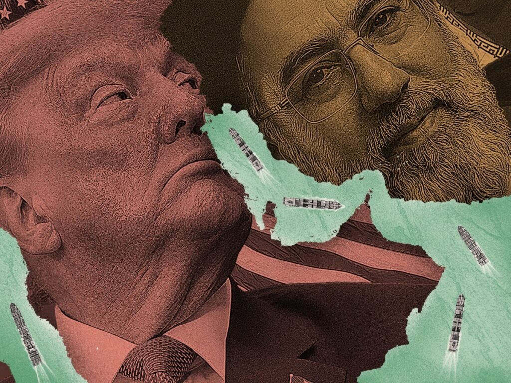 "Collage illustration representing the US-Iran standoff, featuring stylized portraits of Donald Trump and Mojtaba Khamenei separated by a torn green territorial map, with flying missiles symbolizing the escalating economic war of attrition and ongoing military tensions."