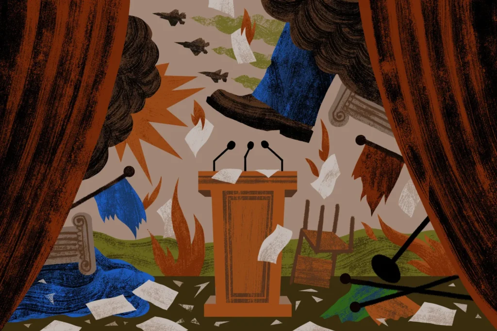 American Order Collapses Into Artisan Geopolitics A symbolic illustration framed by heavy brown theater curtains depicting a giant boot smashing a wooden podium and microphones, while fighter jets fly through dark smoke and flames amid scattered papers, broken chairs, and torn flags, graphically representing the chaotic downfall and fragmentation of the American Order as it collapses into a disorderly landscape of artisan geopolitics.